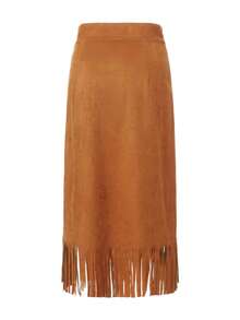 Dravelle 优雅休闲波西米亚风性感高腰中长裙 - 棕色咖啡色仿麂皮面料，流苏裙摆，简约时尚风格，柔软舒适，适合海滩度假、日常办公、节日庆典、生日派对、约会、旅行、感恩节、夏季、春季、秋季和冬季穿着。 - 棕色 - 查看 1