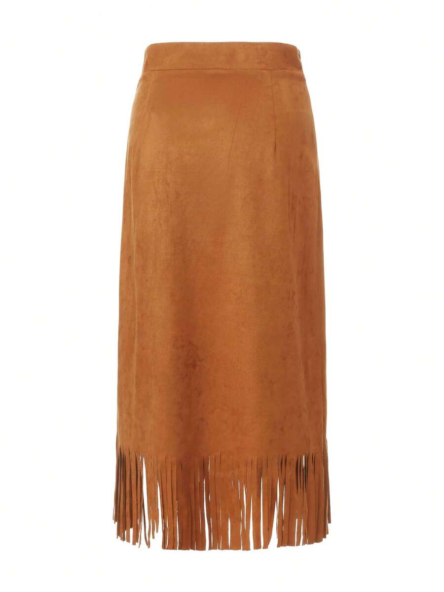 Dravelle 优雅休闲波西米亚风性感高腰中长裙 - 棕色咖啡色仿麂皮面料，流苏裙摆，简约时尚风格，柔软舒适，适合海滩度假、日常办公、节日庆典、生日派对、约会、旅行、感恩节、夏季、春季、秋季和冬季穿着。 - 棕色 - 查看 1