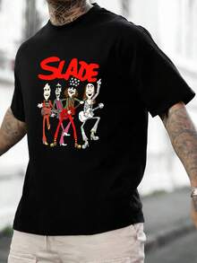 Camiseta de hombre de cuello redondo con estilo callejero retro, con estampado del texto "Slade", adecuada para looks de oficina diarios. - Negro - Ver 1