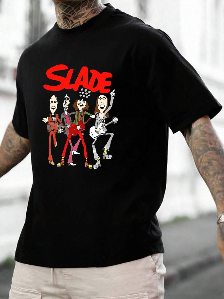 Camiseta de hombre de cuello redondo con estilo callejero retro, con estampado del texto "Slade", adecuada para looks de oficina diarios. - Negro - Ver 1
