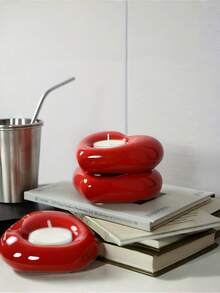 1pc Modern Minimalist Ceramic Candle Holder, Heart-Shaped Design, Smooth Glaze, Creative Tea Light Candle Holder, Suitable For Valentine's Day/Wedding/Holiday Tabletop Decor, Home Dining Table Display Accessory, Ceramic Heart-Shaped Candle Tray, Holiday Atmosphere Decorative Item - Multicolor - View 5