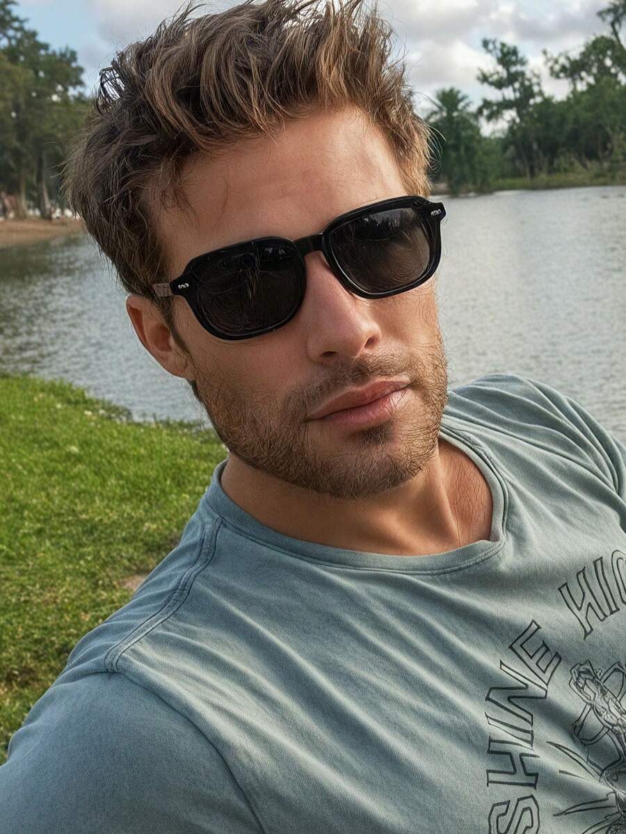 1 par de gafas de hombre de montura cuadrada negra de PC, de unicolor minimalista, de estilo callejero vintage y personalizadas - Negro - Ver 1