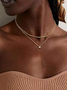 Tsnamer 女士多层金项链 时尚14K镀金心形CZ吊坠 多层金项链套装 硬币项链 简约圆形立方氧化锆珍珠项链 多层人字纹夹链首饰套装 - 2件套裝 - 查看 3