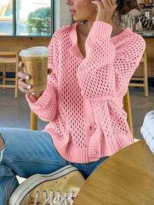 Cárdigan de mujer de punto hueco con botones, diseño de cuello redondo, manga larga y hombros caídos, ligero y transpirable, suelto y casual, adecuado para primavera, verano y otoño - Rosa - Ver 7