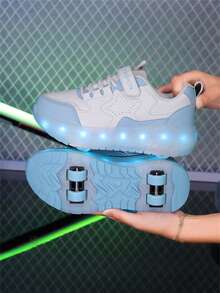 男童四轮轮滑鞋，新款儿童轮滑鞋，时尚魔术贴可调节轮滑鞋，PU皮革轻便耐用双轮隐藏式轮滑鞋，青少年LED发光鞋带USB充电，可拆卸轮子，二合一轮滑鞋/运动鞋