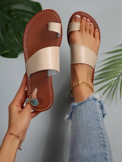 女士不对称系带平底凉鞋，带趾环，休闲舒适，非常适合海滩和户外活动