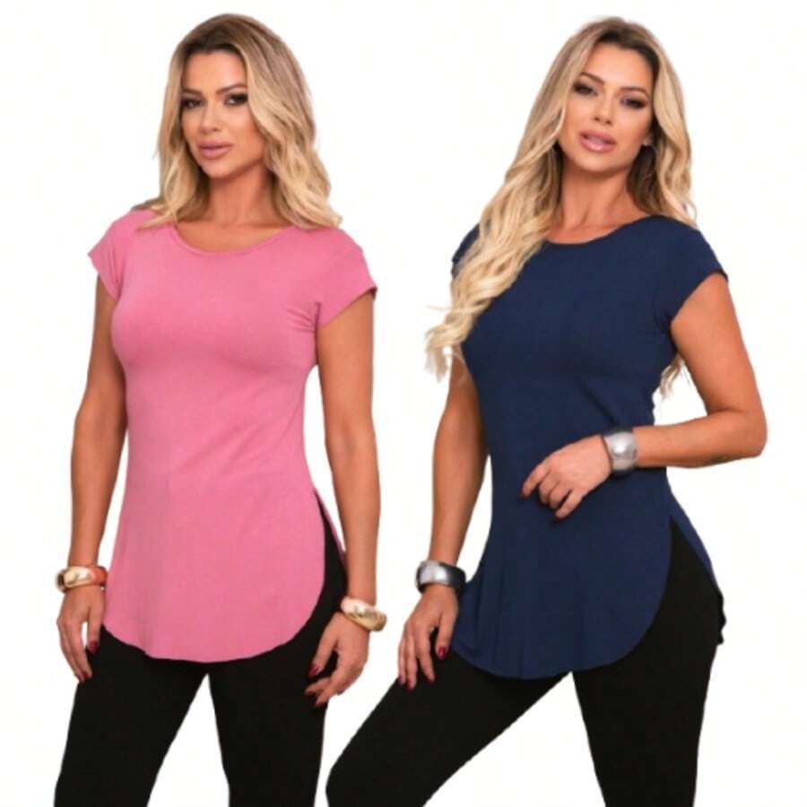 Kit Of 2 Women's Long-Sleeved Gym Tops With Butt-Covering Effect. - 玫瑰紅/海軍藍 - 查看 1