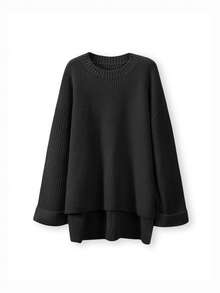 Women's Solid Color Knit Pullover Sweater With Slit, Oversized Fit, Fashionable & Elegant, Loose Design Suitable For Home & Vacation, Minimalist & Chic Black - Black - View 7