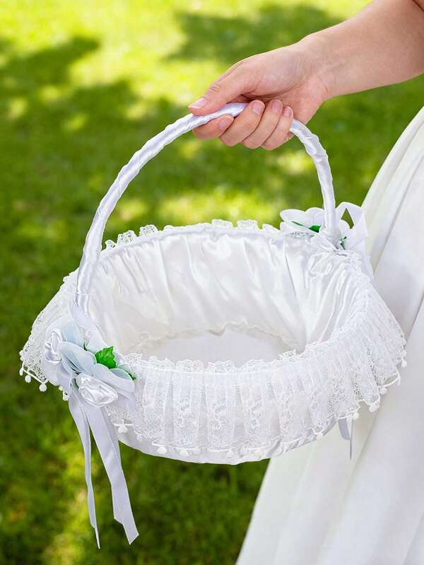 1PC White Lace Satin Flower Basket (Diameter 7.87 Inches)With Flower Decoration ,Foldable Handheld Design, For Wedding Flower Girl Petal Throwing Festival Party Decor