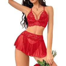 Sexy Lingerie For Women Naughty 3 Piece Lace Bralette, Mini Skirt With G-String Crotchless Lingerie Outfits,31376163 - 紅色 - 查看 2