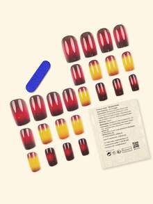 24片秋季美甲贴片，红色法式美甲，Y2K风格，中号方形，时尚渐变闪粉图案，简约风格，可重复使用，按压式亚克力美甲，假指甲用品，赠送24片果冻贴片和1个迷你指甲锉。 - 酒紅色 - 查看 3