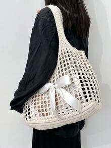 BAIZE Lightweight Casual Hollow Beach Bag,White Bag Woven Shopping Crochet Tote Bag, Large Capacity Handbag, Suitable For Travel, Outdoor And School.Travel Essentials,Holiday Essentials,Multifunctional Kitchen Storage Lunch Bag, Suitable For Beach Vacation Or Easy Carrying, Elegant Wedding Season
