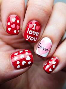 24 sztuki jesiennych, nakładanych paznokci, czerwone, krótkie, francuskie, paznokcie Y2k, kwadratowe, modne, brokatowe, geometryczne paski, wzór serca, prosty styl, wielokrotnego użytku, nakładane akrylowe paznokcie, sztuczne paznokcie, bezpłatne materiały, 24 sztuki galaretkowych zakładek i mini pilnik - Czerwony - Zobacz 1