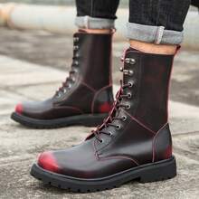 Shiny Soft Leather Non Abrasive High Top Leather Riding Boots, Thick Soled Height Increasing Boots For Men, Red Border Contrasting Motorcycle Boots, A Must-Have For Men In Autumn And Winter, High-Quality And Comfortable Men's Boots, Outdoor Large Size 38-48 Men's Casual Shoes(Asymmetric Pattern) - Apply Red - View 4