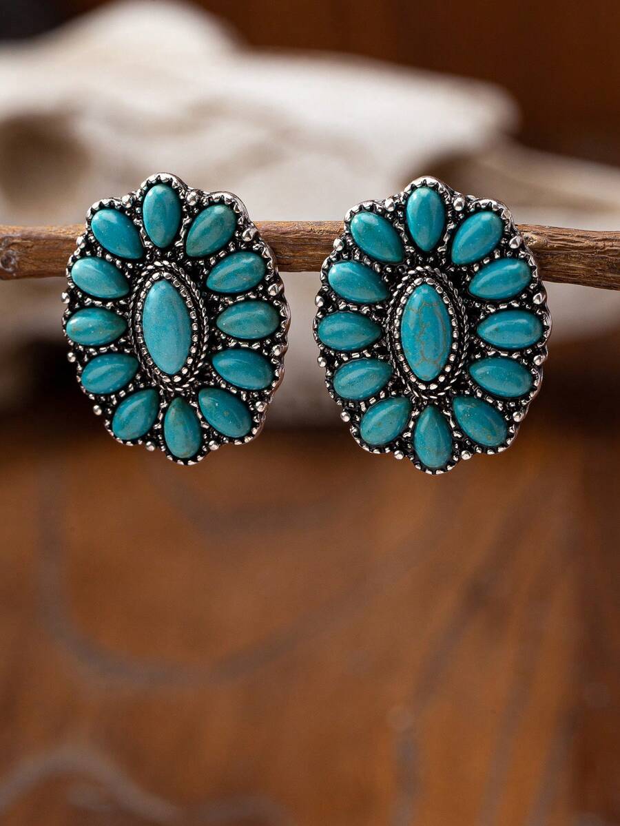 1 Pasang Anting Tusuk Perak Antik Gaya Barat dengan Batu Turkuois untuk Wanita - Anting-anting stud pirus perak retro gaya Barat - View 1