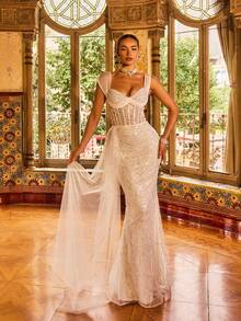 Faeriesty 优雅迷人的闪亮晚礼服，饰以精致的串珠和亮片——薄纱面料上点缀着垂直串珠扇形图案，修身鱼尾廓形 | 适合红毯活动、婚礼招待会、盛大生日派对、夏季度假派对等正式场合，白色春季款 - 白色 - 查看 4