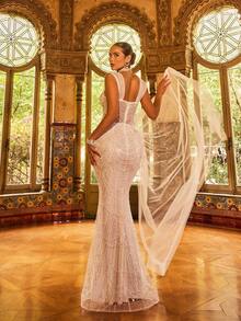 Faeriesty 优雅迷人的闪亮晚礼服，饰以精致的串珠和亮片——薄纱面料上点缀着垂直串珠扇形图案，修身鱼尾廓形 | 适合红毯活动、婚礼招待会、盛大生日派对、夏季度假派对等正式场合，白色春季款 - 白色 - 查看 12