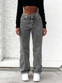 Quần jeans ống côn dáng rộng dành cho nữ - Xám - Xem 3