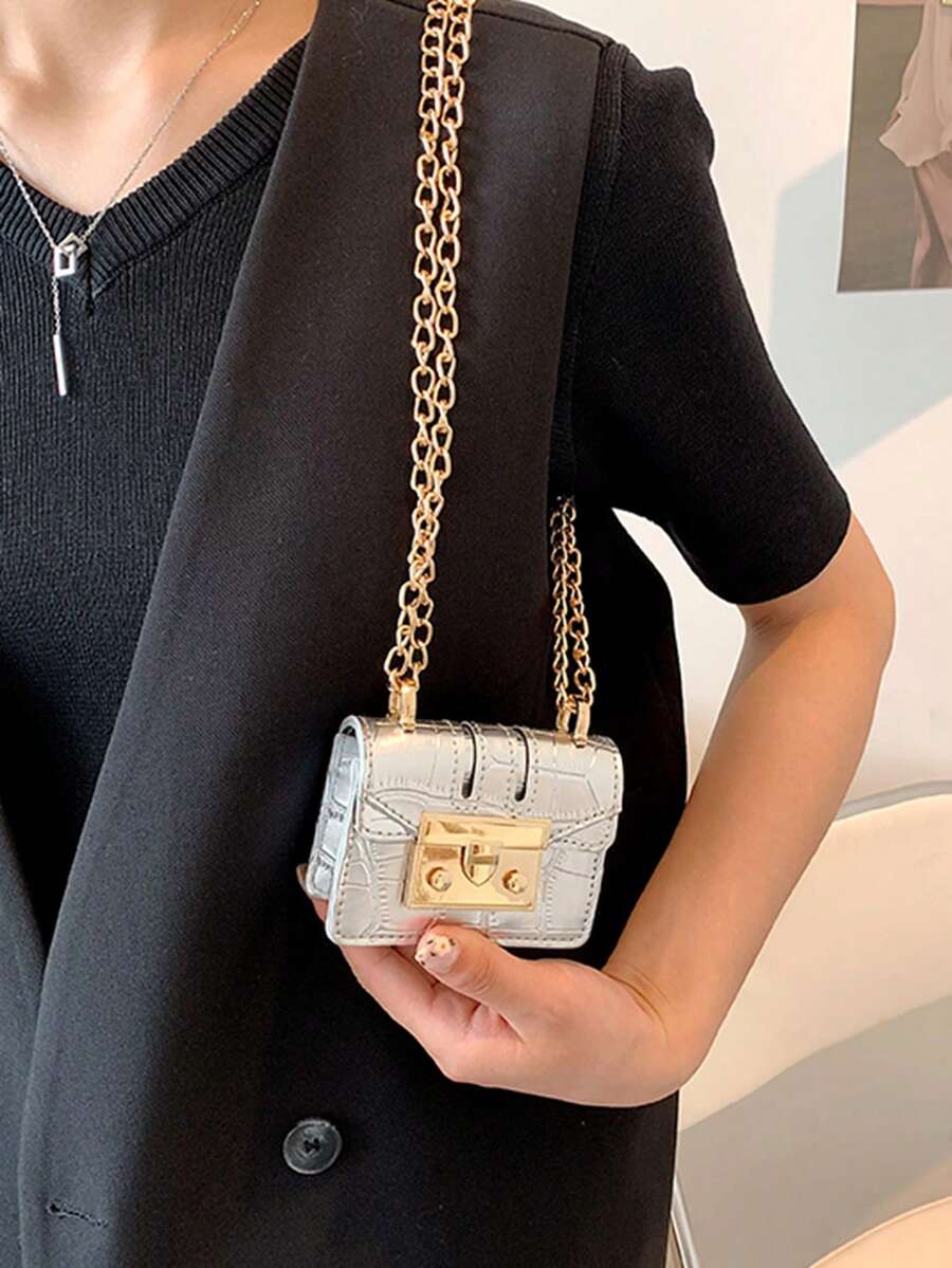 极简迷你鳄鱼纹链条肩带单肩斜挎包,女士钱包 - 銀色 - 查看 1