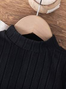 Girls Casual Solid Color Lace Mesh Sleeve Patchwork Dress + Matching Belt - Black - View 3