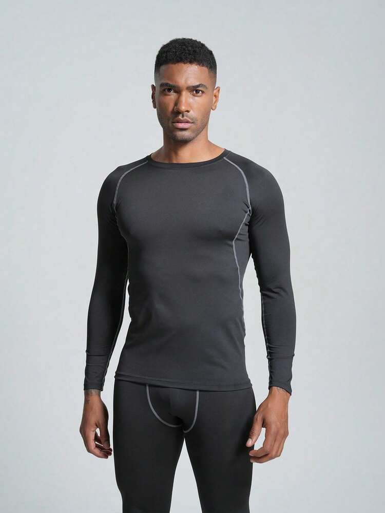 Thermal Thermal Lined Tight Elastic Long Sleeve Sports T-Shirt, Moisture Wicking Workout Activewear For Outdoor Sports, Hunting, Skiing, Gym - Black - View 4