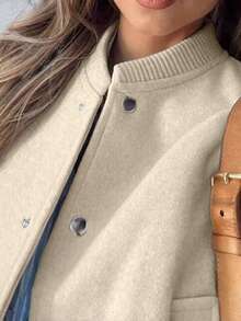 女士棒球夹克飞行员夹克街头风圆领纽扣开衫外套，秋冬款 - 杏色 - 查看 4