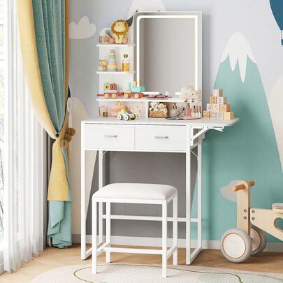 Tomnk Kids' Vanity Desk With LED Mirror & Power Outlet, Adjustable Dressing Table With Stool, 3-Light Modes(Power By Usb), Rounded Corners For Bedroom, Modern Furniture With Storage, For Birthday Gift