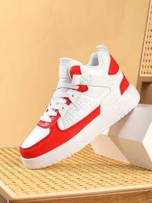 Cute And Casual All-Season Non-Slip Comfortable Versatile Wear-Resistant Lightweight High-Top Flat Shoes For Boys And Girls, Suitable For School, Running, And Sports. - 紅白色 - 查看 2