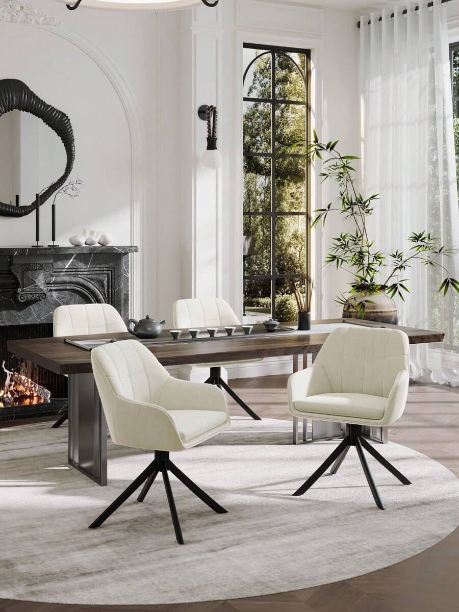 Goeurvant Modern Grid-Stitched Upholstered 360° Swivel Dining Chairs With Armrests And Removable Cushion For Dining Room, Living Room, Office - Set Of 2 / Set Of 4 / Set Of 6 - Cream
