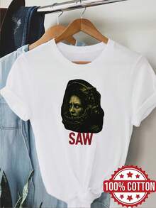 1pc 100% Cotton Women Saw Theme 2D Graphic Print Crew Neck Short Sleeve TShirt for All Seasons - Blanco - Ver 1