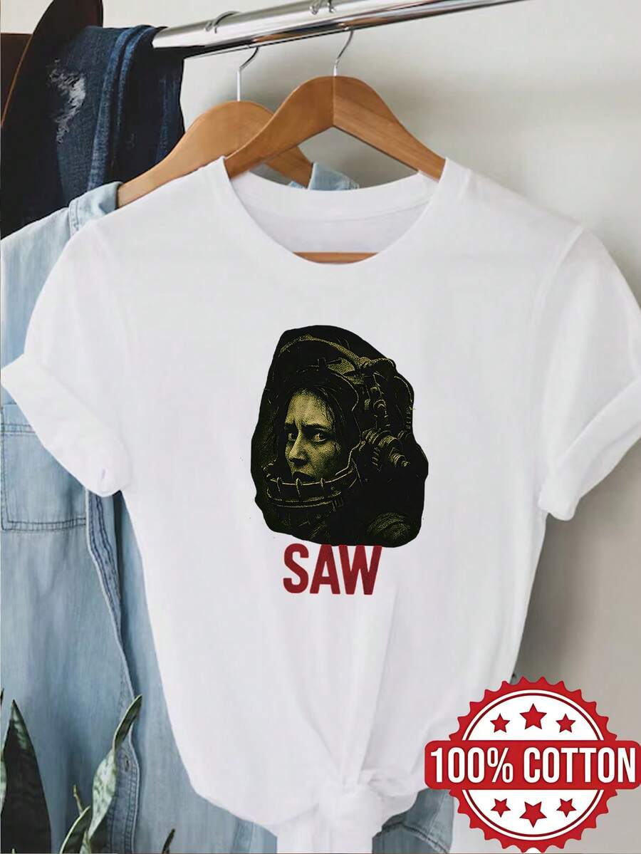 1pc 100% Cotton Women Saw Theme 2D Graphic Print Crew Neck Short Sleeve TShirt for All Seasons - Blanco - Ver 1