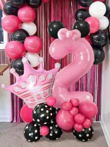 28个/套黑色和粉色32英寸数字气球套装，包含0-9数字、粉色皇冠铝箔气球、玫红色和黑色波点乳胶气球，适用于生日派对、粉色主题派对、周年纪念、粉色米老鼠主题派对、婚礼、公主生日派对装饰。 - 彩色 - 查看 5