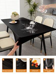 1 块矩形弹性桌布，防水防油桌布，采用黑色弹性 PU 皮革制成，耐用且易于清洁，适用于餐桌、餐饮、派对和户外花园 - 黑色 - 查看 2