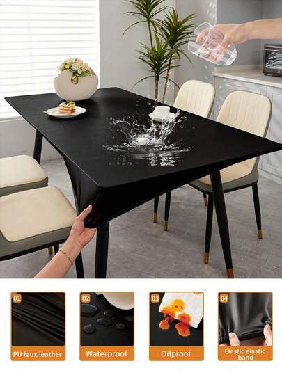 1 块矩形弹性桌布，防水防油桌布，采用黑色弹性 PU 皮革制成，耐用且易于清洁，适用于餐桌、餐饮、派对和户外花园