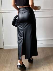 Livesso 女士PU紧身高开衩半身裙秋冬皮裙Y2k - 黑色 - 查看 3