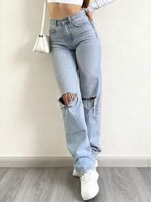 NVFelix 女士做旧直筒牛仔裤，复古休闲户外风格，蓝色，适合冬季、感恩节和新年穿着 - 淺色水洗藍 - 查看 2