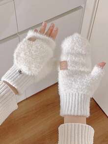1双2025新款冬季露指翻盖半指手套白色蓬松女士加厚保暖手套适合学生骑行和触摸屏 - 彩色 - 查看 2