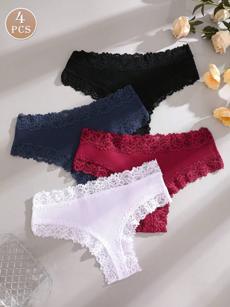 4 件装女士蕾丝边舒适罗纹三角裤，纯色，低腰