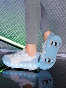 男童四轮轮滑鞋，新款儿童轮滑鞋，时尚魔术贴可调节轮滑鞋，PU皮革轻便耐用双轮隐藏式轮滑鞋，青少年LED发光鞋带USB充电，可拆卸轮子，二合一轮滑鞋/运动鞋