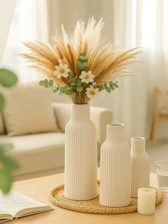 Minimalist Ribbed White Vases, 1/3pcs Decorative Faux Ceramic Look For Fall Home Decor, Modern Dried Flower Display, Great Gift For Living Room, Entryway, Dining Tabl