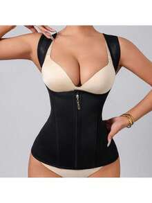 Corset modelator pentru femei | Bretele reglabile pentru umeri și suport cu țesătură osoasă | Lenjerie modelatoare cu compresie dublă, închidere cu fermoar | Material latex neted, negru, la modă | Vestă modelatoare pentru abdomen, îmbunătățește silueta și talia, articol vestimentar modelator | Etanșare sigură cu fermoar | Lenjerie modelatoare abdominală - Negru - Vizualizare 4