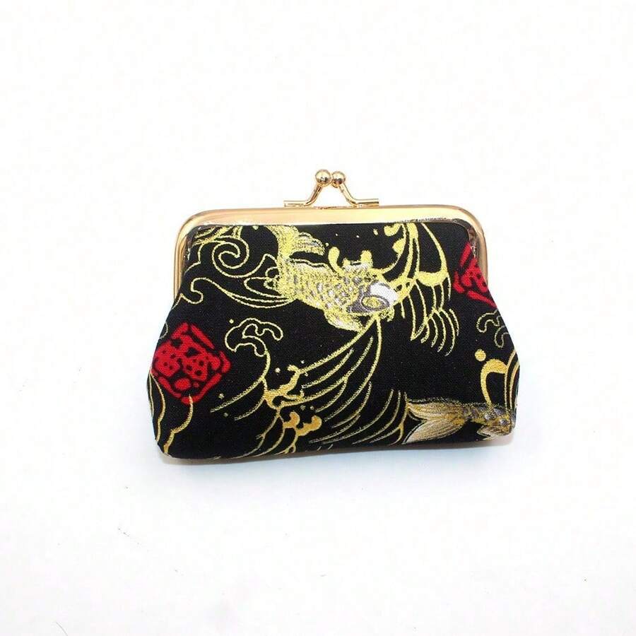 1PC Black Gold Koi Printed Coin Purse Vintage Metal Clip Design National Style Auspicious Pattern Mini Portable Coin Card Storage Niche China-Chic Accessories Daily Commuting Personalized - màu đen - Xem 1
