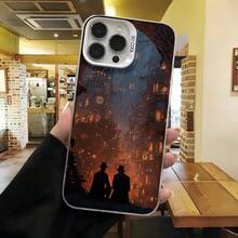Cubierta de teléfono con diseño de fantasía negra con siluetas de hombres en sombreros y edificios antiguos iluminados para uso diario en cafeterías - Blanco - Ver 2