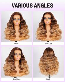 MEGALOOK 20英寸金色渐变挑染棕色发根自然波浪假发，100%真人发 - 预剪裁6x5蕾丝无胶假发，带抽绳帽，无需胶水即可佩戴，透明蕾丝假发，预先拔毛的自然发际线，挑染发色假发 - 彩色 - 查看 4