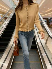 2025 New Elegant Women Round Neck Ruffle Layered Pleated Knit Sweater, Versatile Casual, Autumn/Winter, Solid Gray