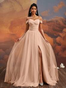 VIPGIRL 杏色露肩腰部设计网纱开衩长款正式晚礼服 - 杏色 - 查看 1