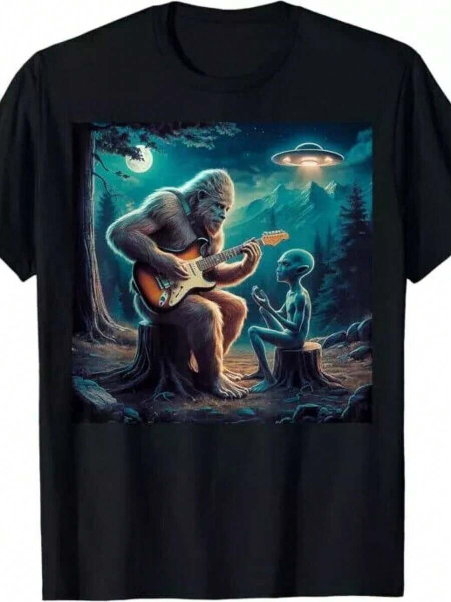Alien Bigfoot Guitar Sasquatch UFO Gifts For Women, Women, T-Shirt - 黑色 - 查看 1