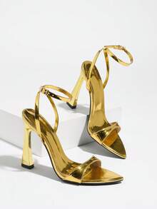 Jin Bei Qi 女士高跟鞋，适合春夏派对、户外活动、时尚场合和宴会。粗跟、尖头、亮面漆皮、踝带设计、可调节踝扣，优雅时尚，金色，舒适稳固，是舞厅舞蹈和派对的理想之选。 - 金色 - 查看 6