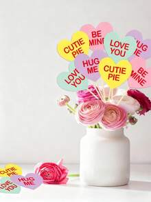 8-Piece Valentine's Day Heart-Shaped Wooden Vase Picks Set (4 Designs, 2 Each) - Assorted Pastel Colors (Yellow/Pink/Green/Purple), Romantic Slogans (CUTIE PIE/BE MINE/LOVE YOU/HUG ME), Adorable Decor Accents For Vases/Tabletops, Ideal For Valentine's Day Party Ambiance & Romantic Home Decor - Multicolor - View 1