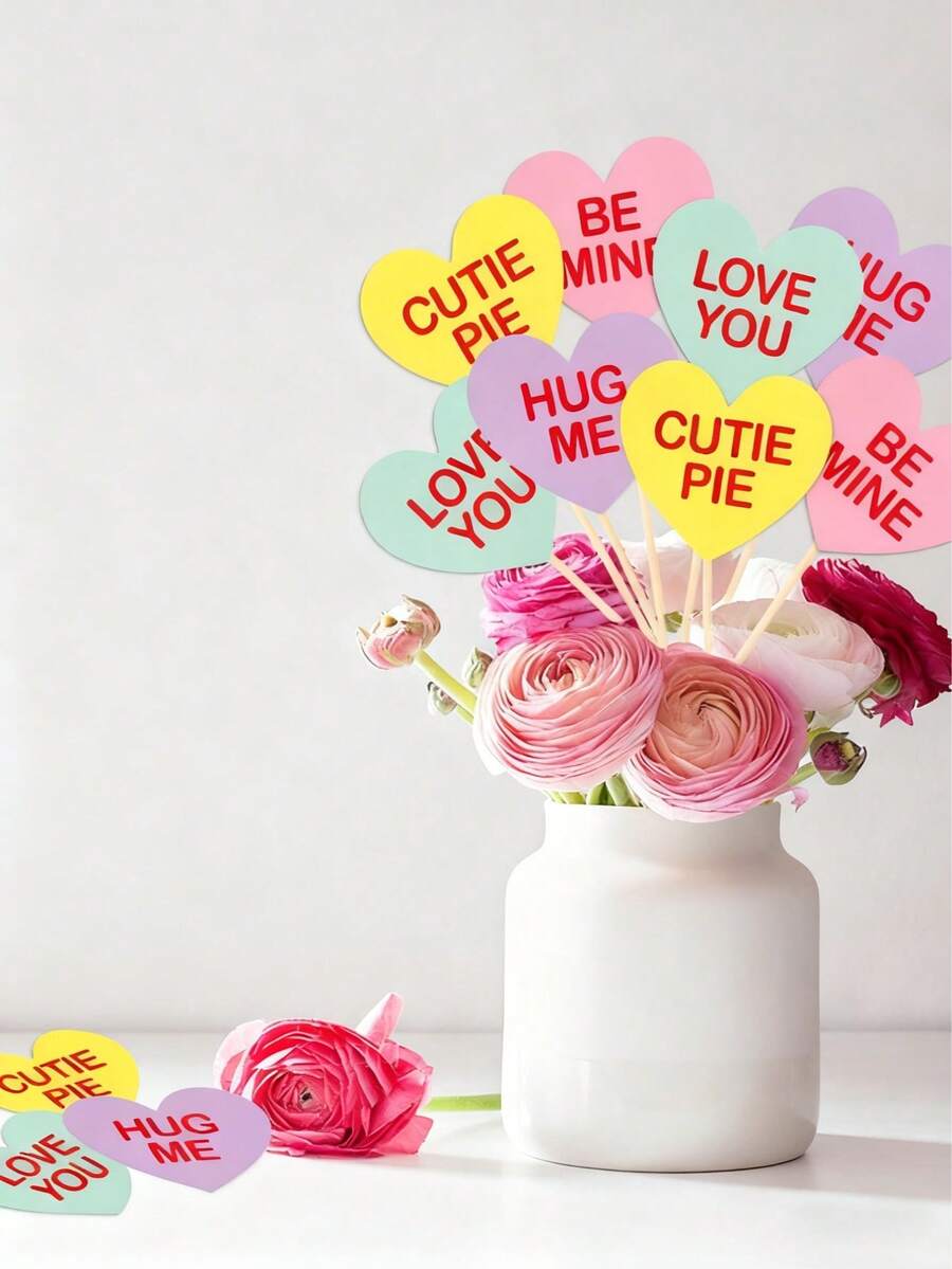 8-Piece Valentine's Day Heart-Shaped Wooden Vase Picks Set (4 Designs, 2 Each) - Assorted Pastel Colors (Yellow/Pink/Green/Purple), Romantic Slogans (CUTIE PIE/BE MINE/LOVE YOU/HUG ME), Adorable Decor Accents For Vases/Tabletops, Ideal For Valentine's Day Party Ambiance & Romantic Home Decor - Multicolor - View 1